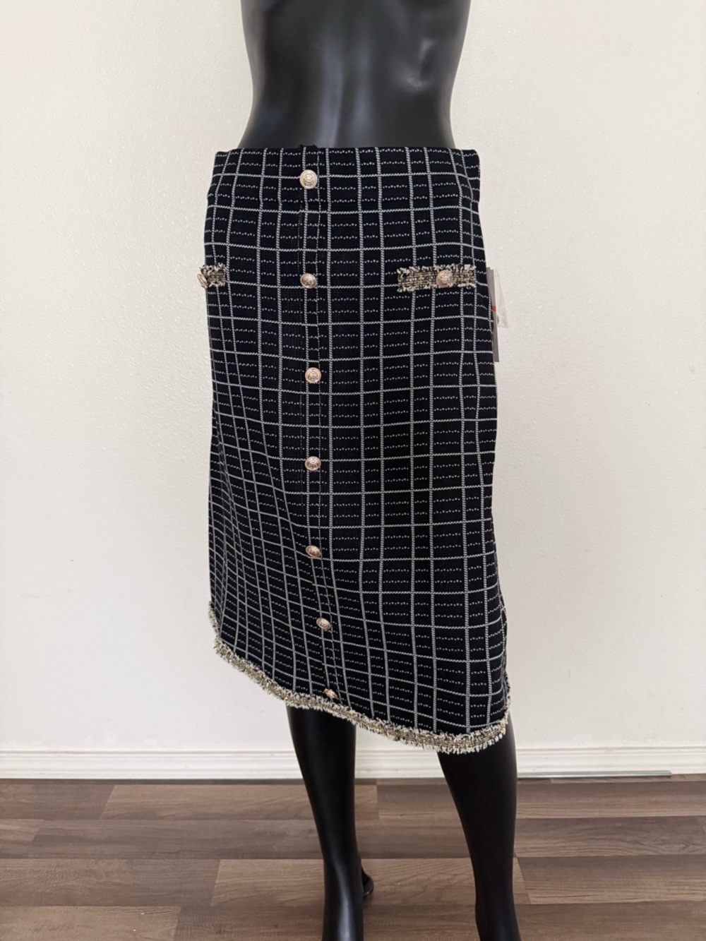 Nanette Lepore Black Windowpane Button-Front Midi  sweater Skirt with Gold Trim